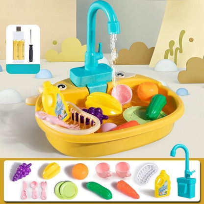 Children's Simulation Cow Dishwasher - Electric Kitchen Sink Playset with Recirculating Water for Washing Dishes and Vegetables