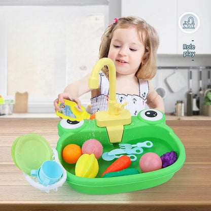 Children's Simulation Cow Dishwasher - Electric Kitchen Sink Playset with Recirculating Water for Washing Dishes and Vegetables