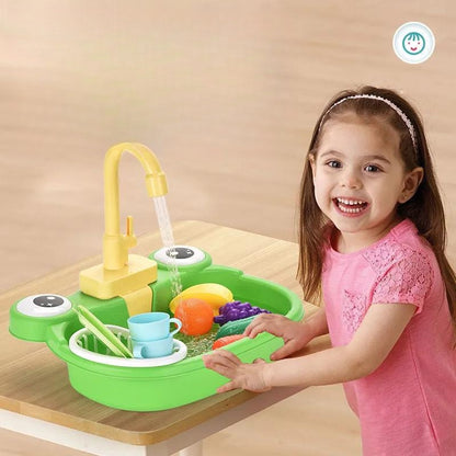 Children's Simulation Cow Dishwasher - Electric Kitchen Sink Playset with Recirculating Water for Washing Dishes and Vegetables