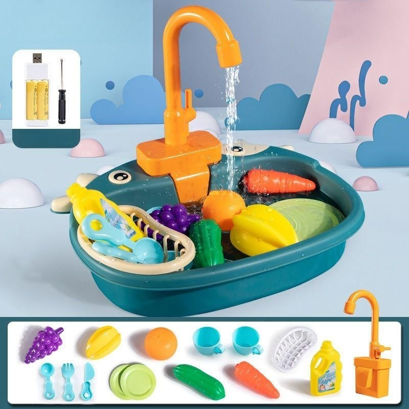 Children's Simulation Cow Dishwasher - Electric Kitchen Sink Playset with Recirculating Water for Washing Dishes and Vegetables