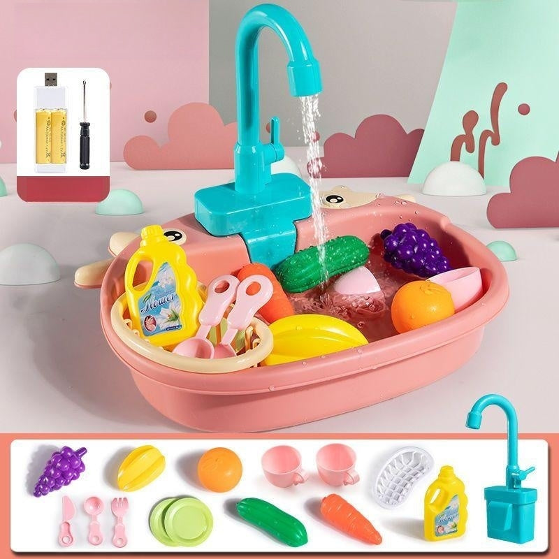 Children's Simulation Cow Dishwasher - Electric Kitchen Sink Playset with Recirculating Water for Washing Dishes and Vegetables