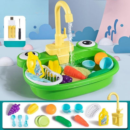 Children's Simulation Cow Dishwasher - Electric Kitchen Sink Playset with Recirculating Water for Washing Dishes and Vegetables