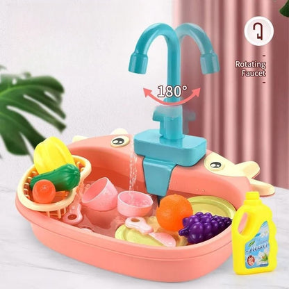 Children's Simulation Cow Dishwasher - Electric Kitchen Sink Playset with Recirculating Water for Washing Dishes and Vegetables