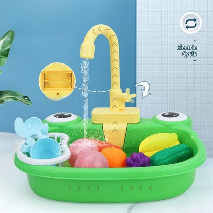 Children's Simulation Cow Dishwasher - Electric Kitchen Sink Playset with Recirculating Water for Washing Dishes and Vegetables