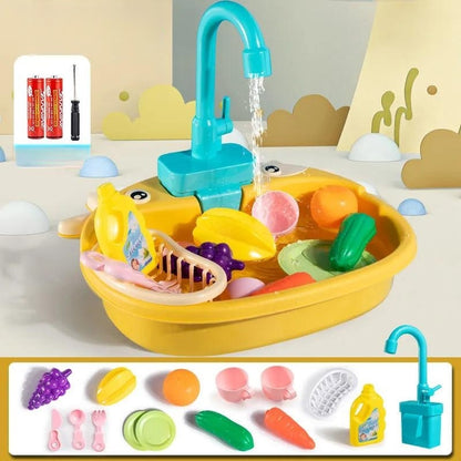 Children's Simulation Cow Dishwasher - Electric Kitchen Sink Playset with Recirculating Water for Washing Dishes and Vegetables