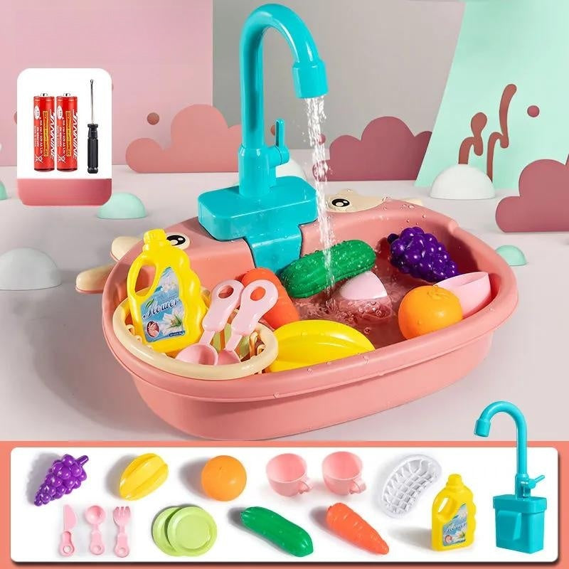 Children's Simulation Cow Dishwasher - Electric Kitchen Sink Playset with Recirculating Water for Washing Dishes and Vegetables