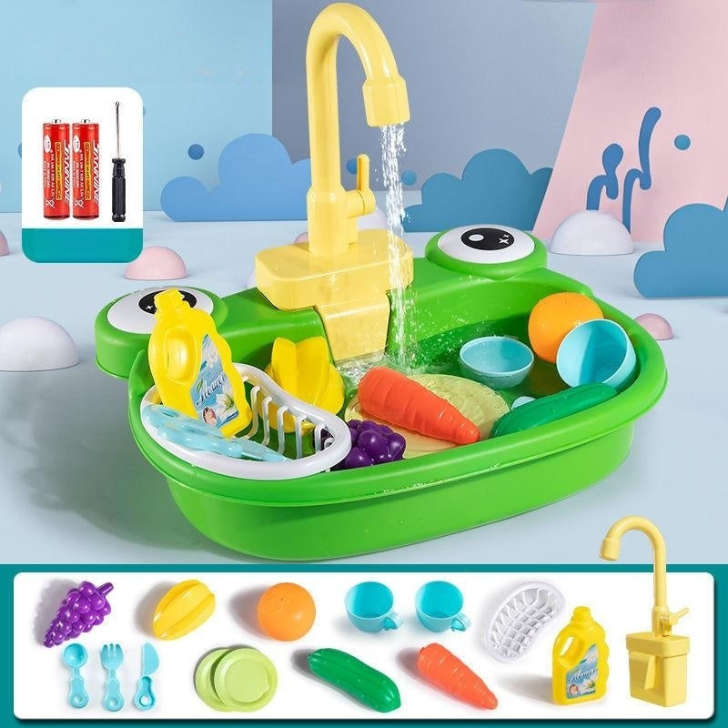 Children's Simulation Cow Dishwasher - Electric Kitchen Sink Playset with Recirculating Water for Washing Dishes and Vegetables