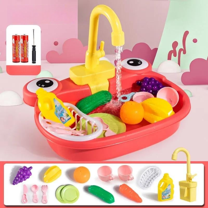 Children's Simulation Cow Dishwasher - Electric Kitchen Sink Playset with Recirculating Water for Washing Dishes and Vegetables