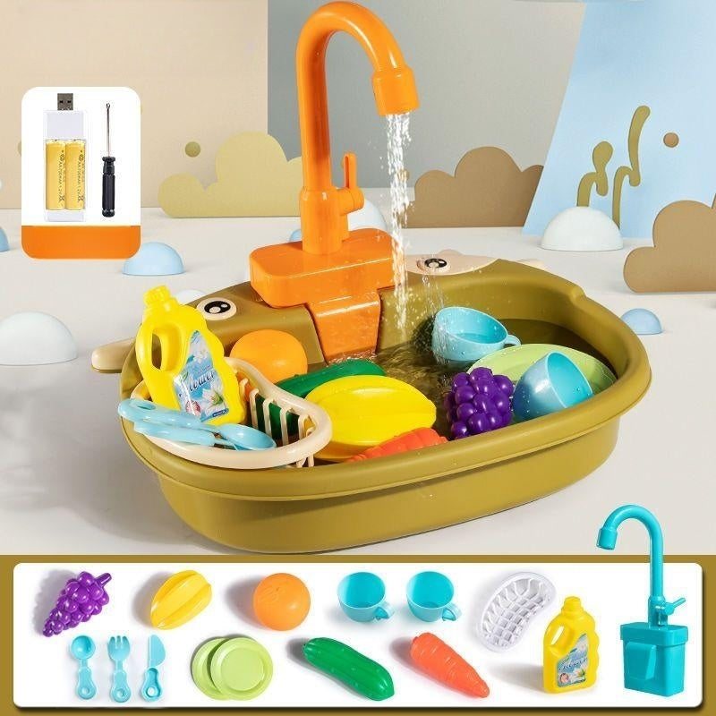 Children's Simulation Cow Dishwasher - Electric Kitchen Sink Playset with Recirculating Water for Washing Dishes and Vegetables