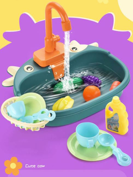 Children's Simulation Cow Dishwasher - Electric Kitchen Sink Playset with Recirculating Water for Washing Dishes and Vegetables