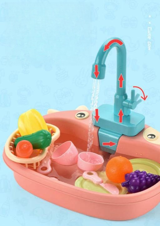 Children's Simulation Cow Dishwasher - Electric Kitchen Sink Playset with Recirculating Water for Washing Dishes and Vegetables