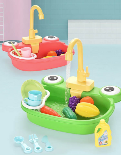 Children's Simulation Cow Dishwasher - Electric Kitchen Sink Playset with Recirculating Water for Washing Dishes and Vegetables